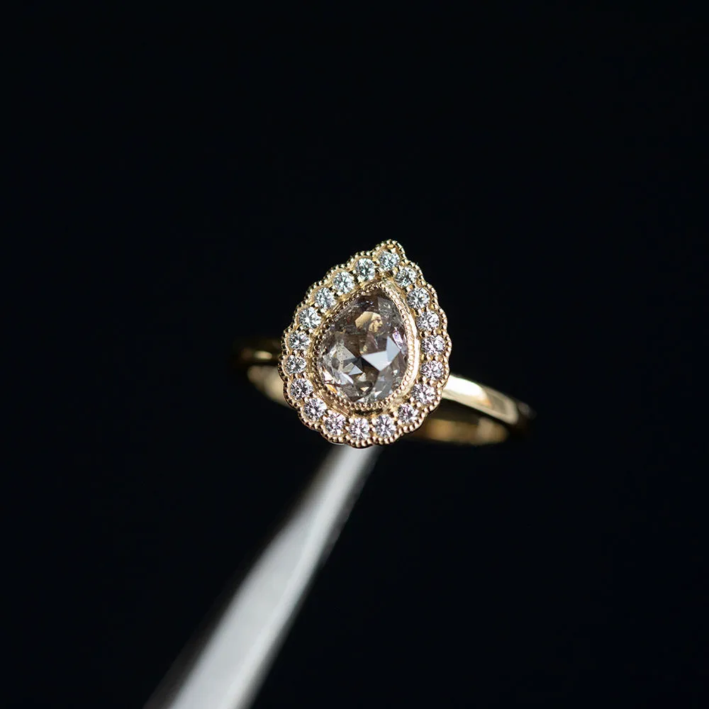 0.80ct Pear Rosecut Diamond and Scalloped Antique Style Halo Ring in 14k Yellow Gold