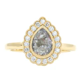 0.80ct Pear Rosecut Diamond and Scalloped Antique Style Halo Ring in 14k Yellow Gold