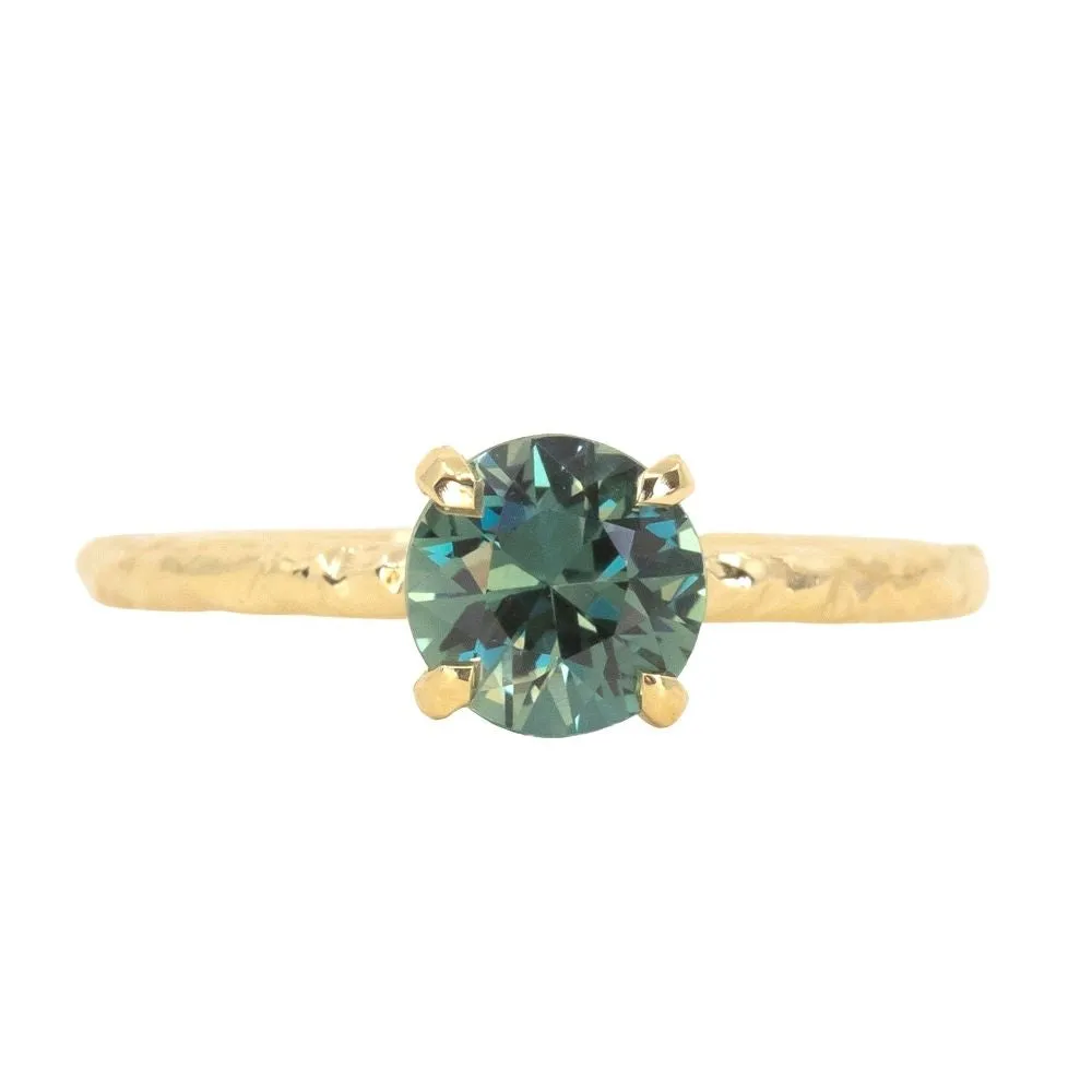 1.19ct Round Grey Green Sapphire Evergreen Carved Solitaire in 18k Yellow Gold