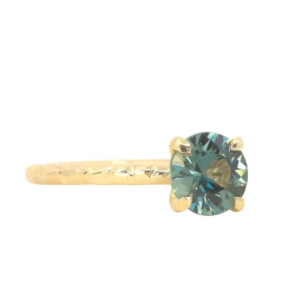 1.19ct Round Grey Green Sapphire Evergreen Carved Solitaire in 18k Yellow Gold