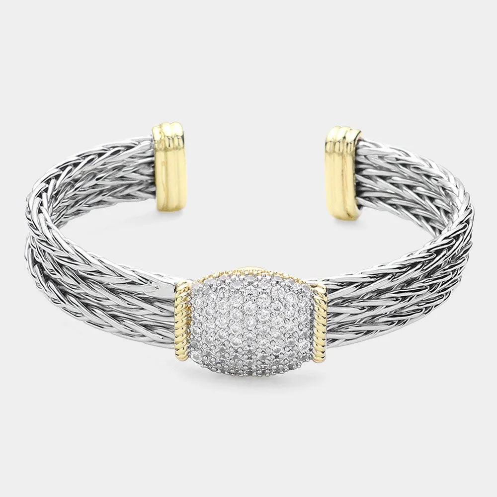 14K Gold Plated CZ Stone Paved Oval Braided Metal Cuff Bracelet