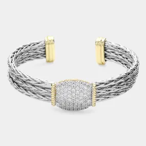 14K Gold Plated CZ Stone Paved Oval Braided Metal Cuff Bracelet