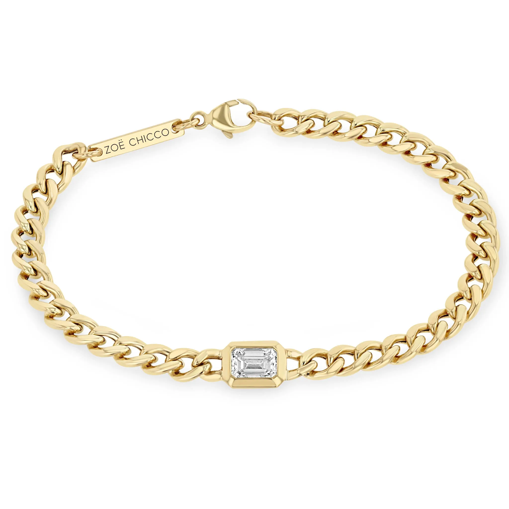 14k Medium Curb Chain Emerald Cut Diamond Bracelet