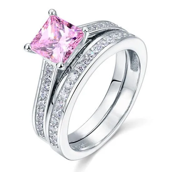 1.5 Carat Princess Cut 2-Pc Fancy Pink Created Zirconia 925 Sterling Silver Wedding Engagement Ring Set MXFR8195S