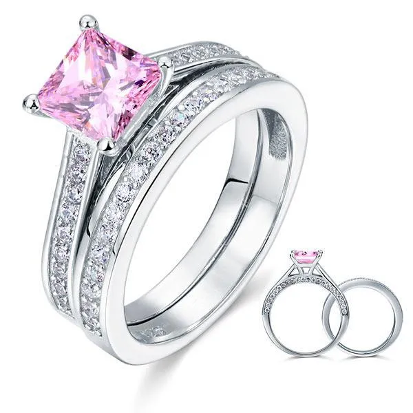 1.5 Carat Princess Cut 2-Pc Fancy Pink Created Zirconia 925 Sterling Silver Wedding Engagement Ring Set MXFR8195S