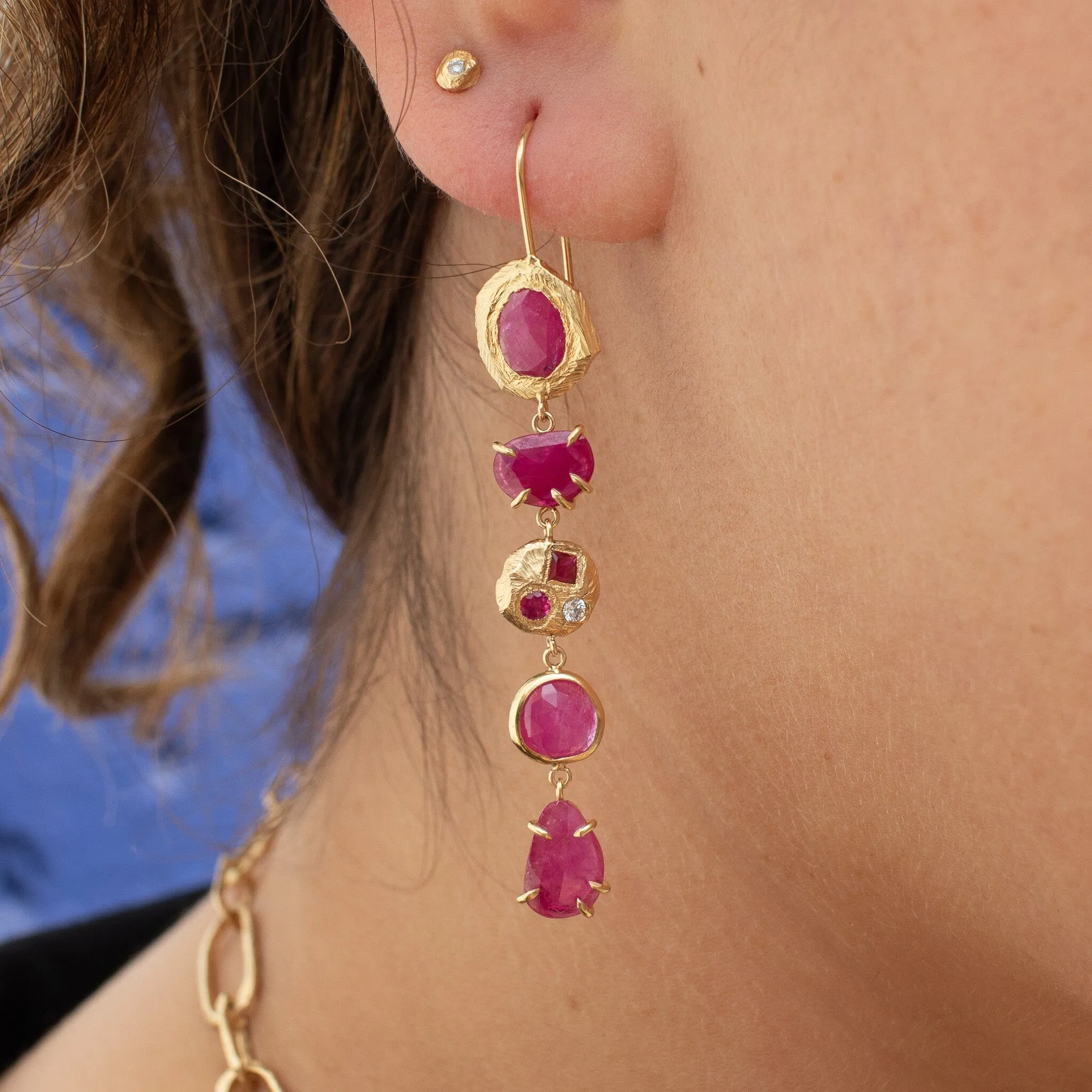 18K Five Drop Geometric Earrings In Ruby