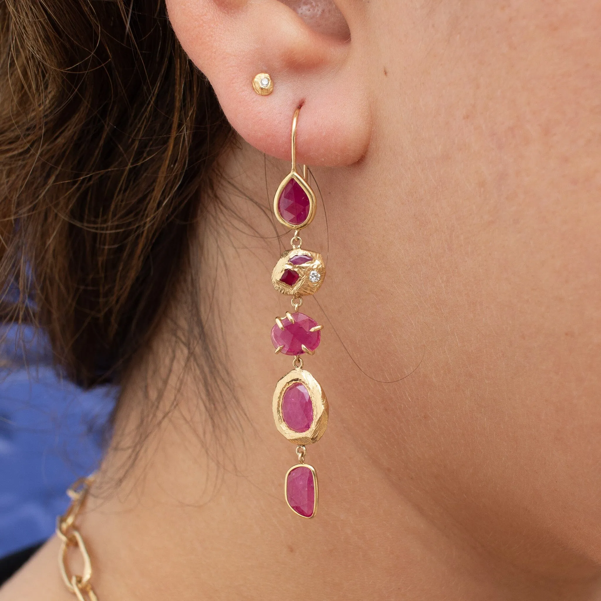 18K Five Drop Geometric Earrings In Ruby