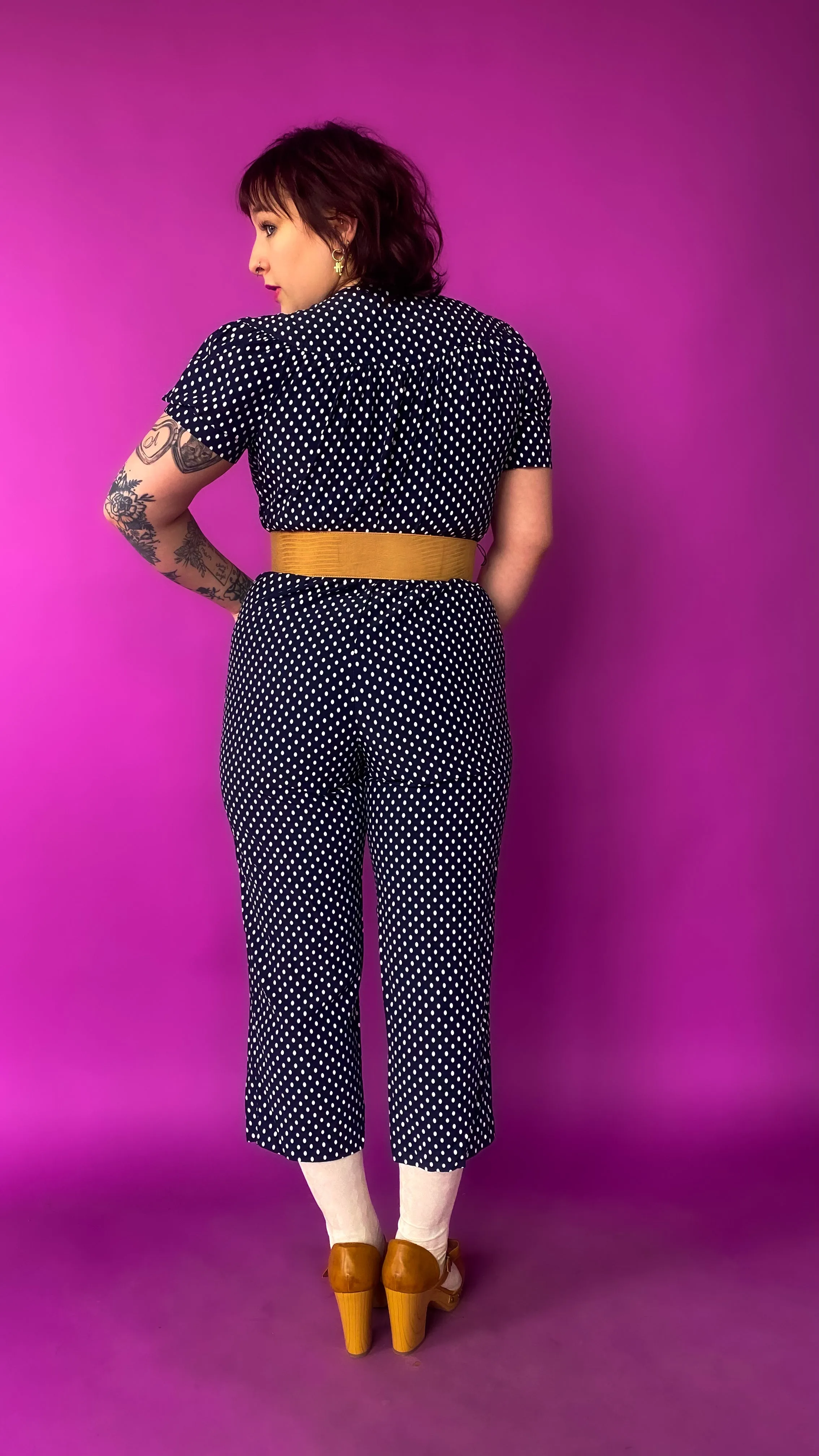 1980s Navy Polka Dot Capri Jumpsuit, sz. Large