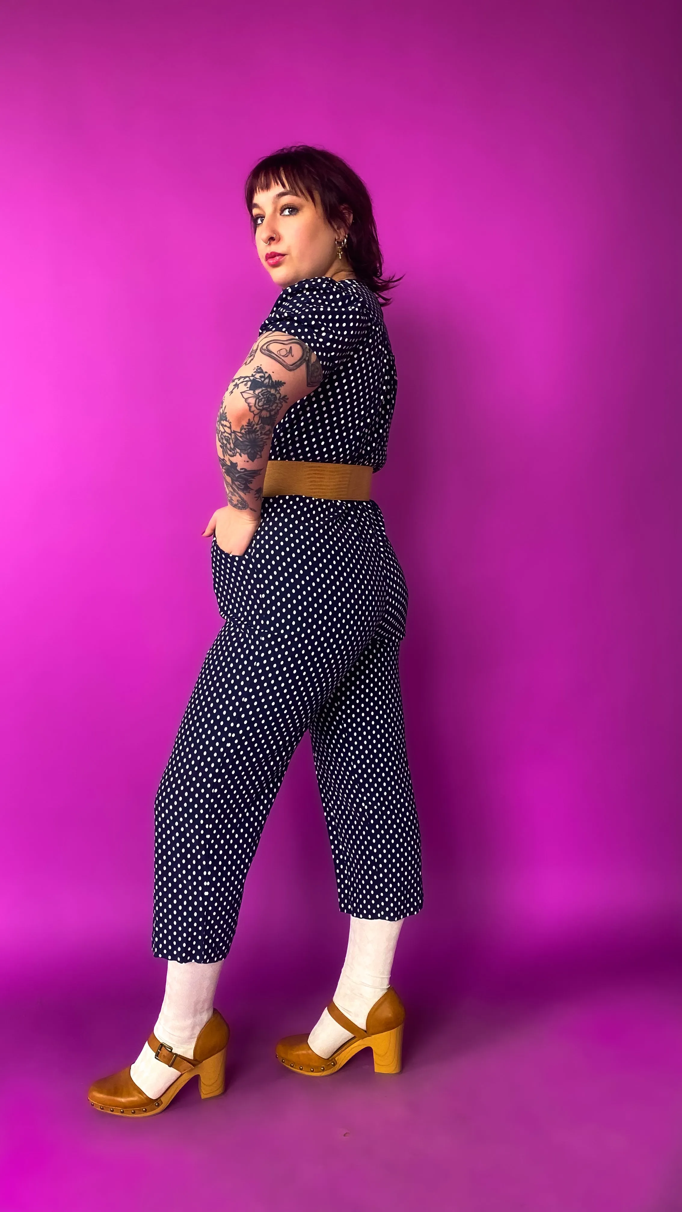 1980s Navy Polka Dot Capri Jumpsuit, sz. Large