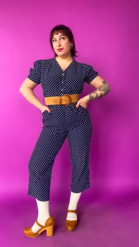 1980s Navy Polka Dot Capri Jumpsuit, sz. Large