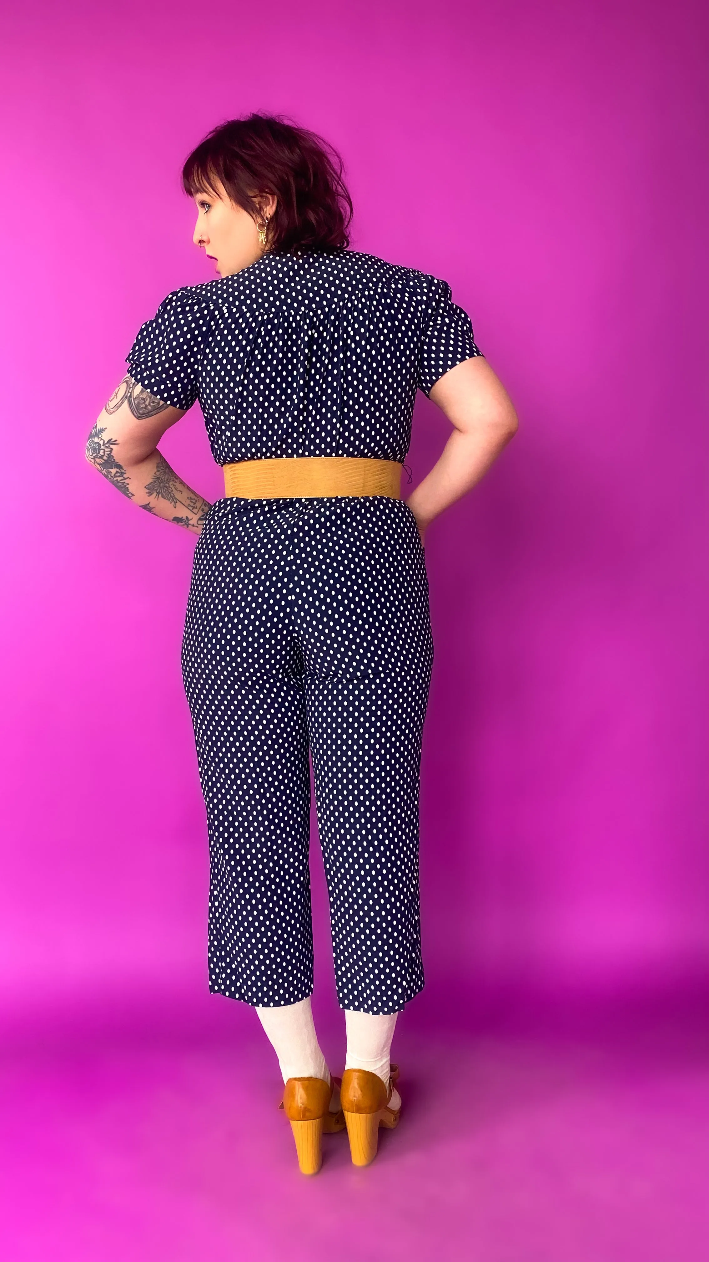 1980s Navy Polka Dot Capri Jumpsuit, sz. Large