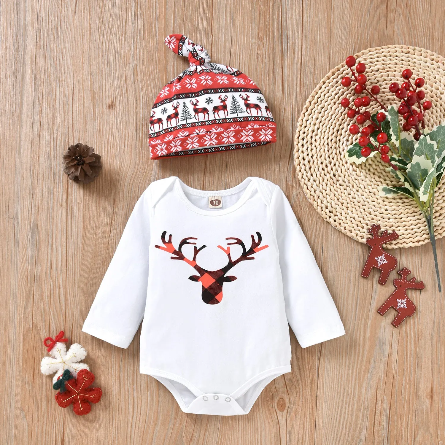 2022 Baby Boys Girls Solid Cartoon Fawn Print Long Sleeve Romper Trousers Hat Christmas Suit