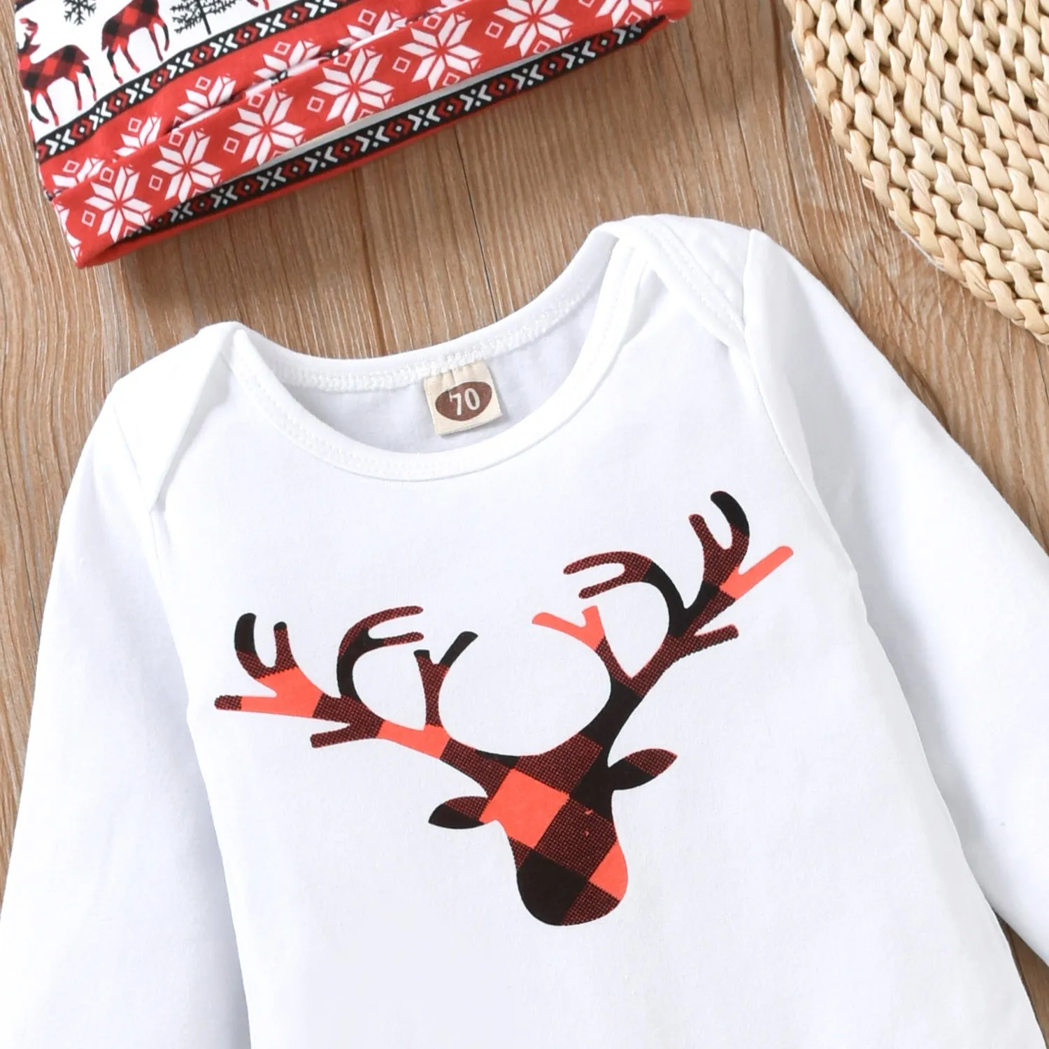 2022 Baby Boys Girls Solid Cartoon Fawn Print Long Sleeve Romper Trousers Hat Christmas Suit