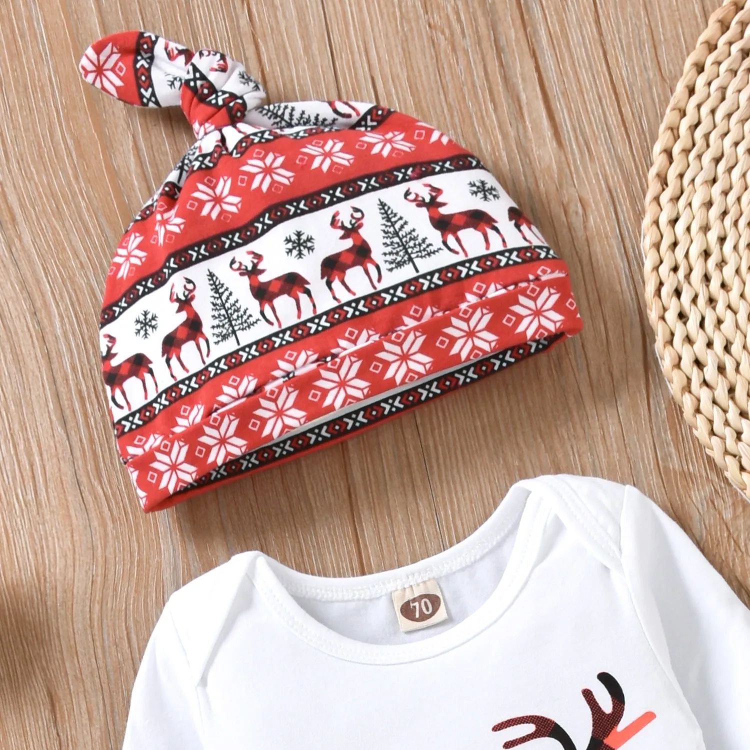 2022 Baby Boys Girls Solid Cartoon Fawn Print Long Sleeve Romper Trousers Hat Christmas Suit