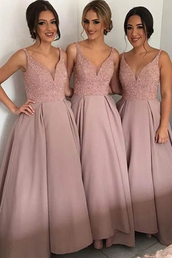 2024 A Line V Neck Beaded Bodice Bridesmaid Dresses Satin PP27ZZDD