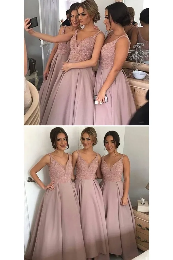 2024 A Line V Neck Beaded Bodice Bridesmaid Dresses Satin PP27ZZDD