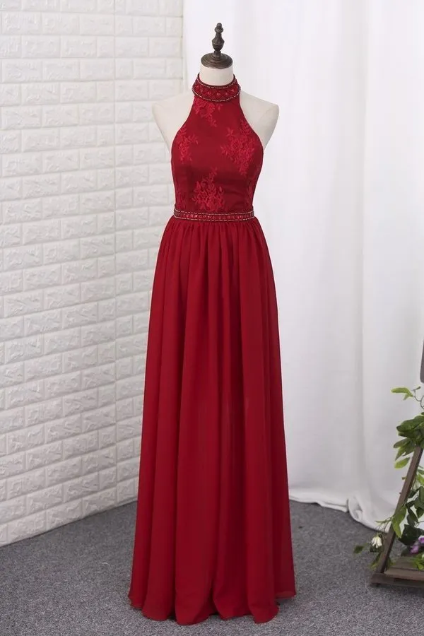 2024 Prom Dresses Sheath Halter Lace & Chiffon PKEBKPYP