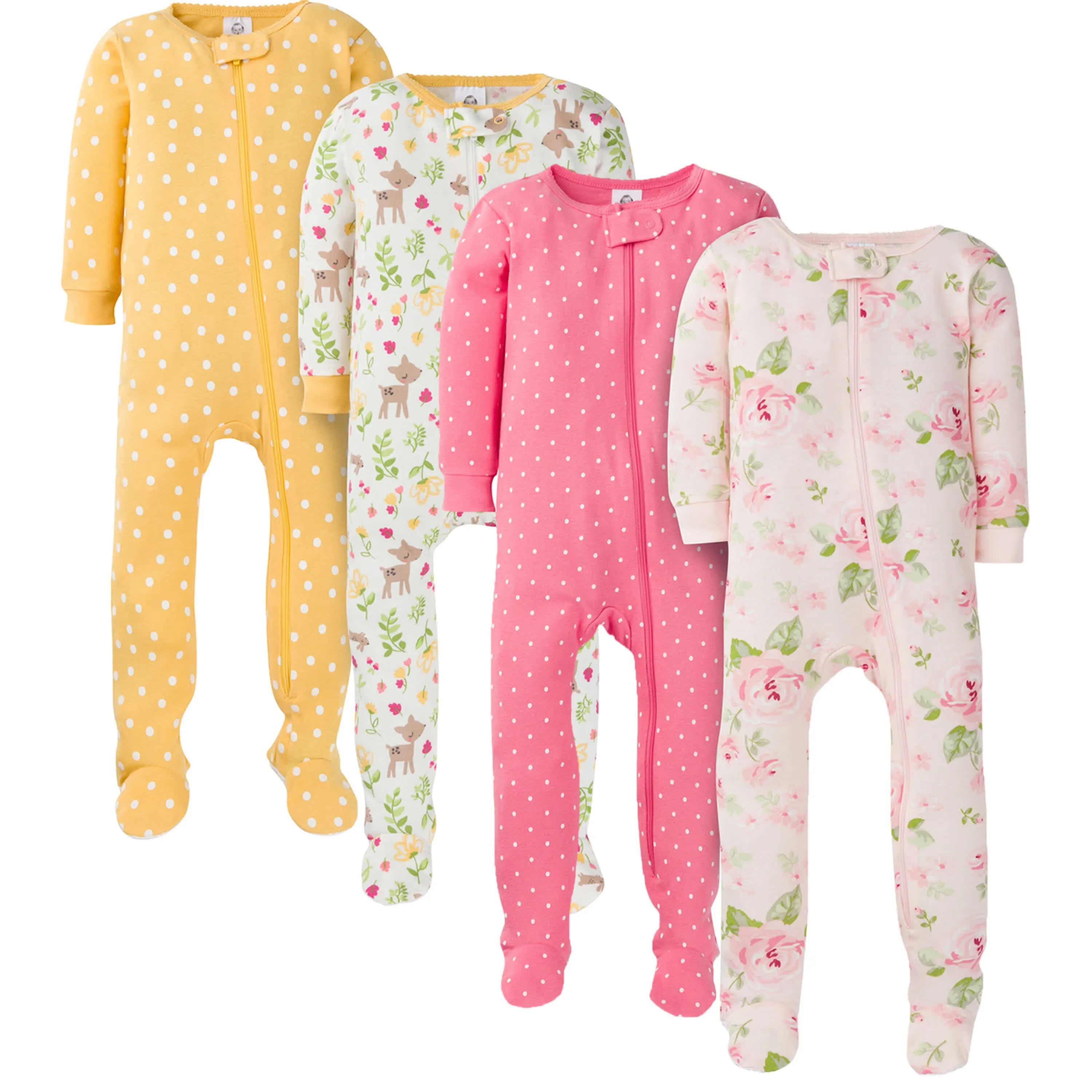 4-Pack Infant & Toddler Neutral Rose & Deer  Snug Fit Footed Cotton Pajamas