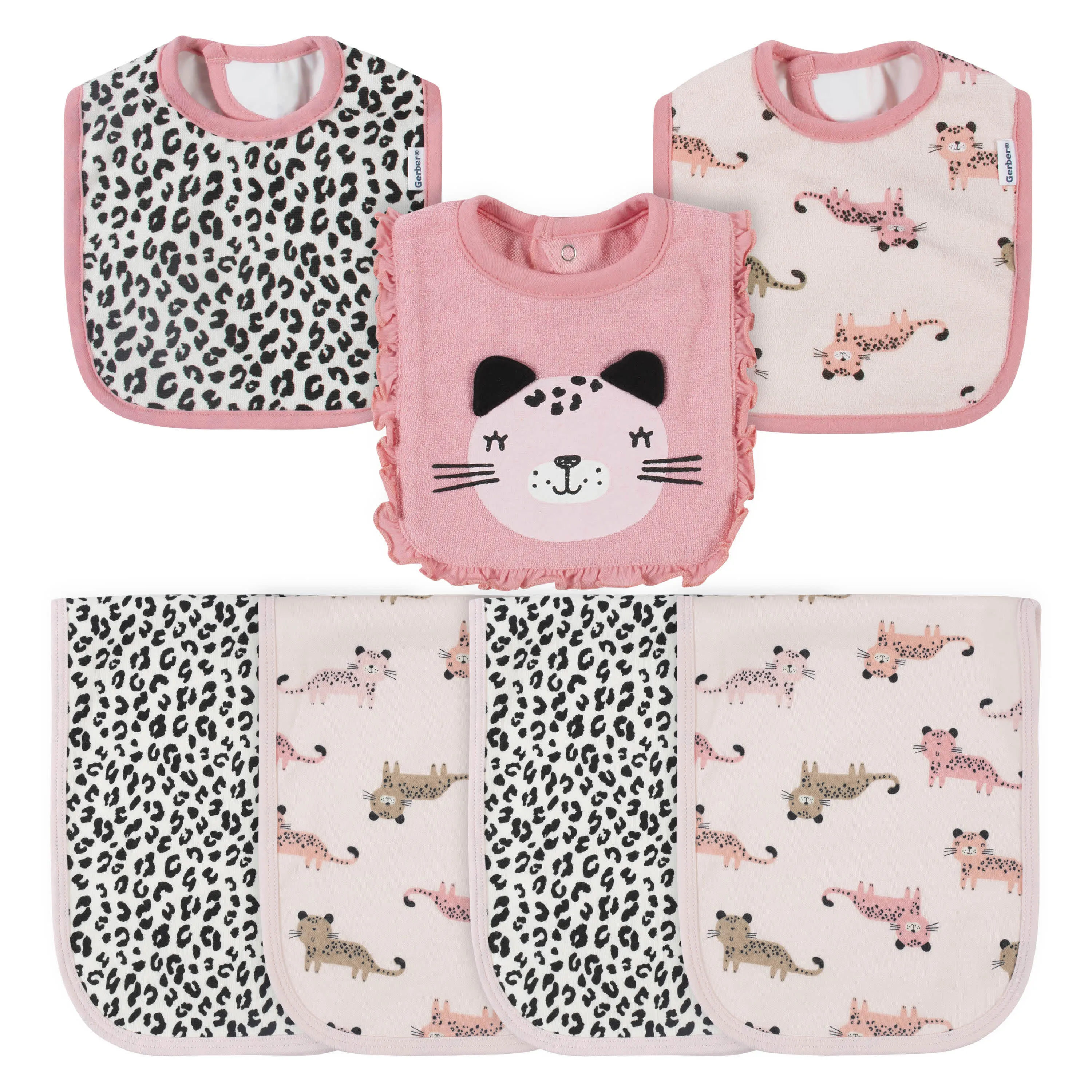 7-Piece Baby Girls Leopard Terry Bibs & Terry Burp Cloths Set