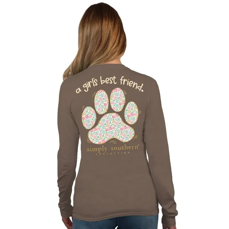 A Girl's Best Friend 100% Cotton Simply Southern Long Sleeve T-Shirt - Army Green with Pastel Flowered Dog Paw