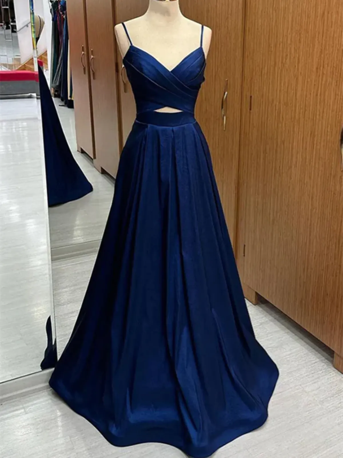 A Line V Neck Blue Satin Long Prom Dresses, V Neck Long Blue Formal Graduation Evening Dresses