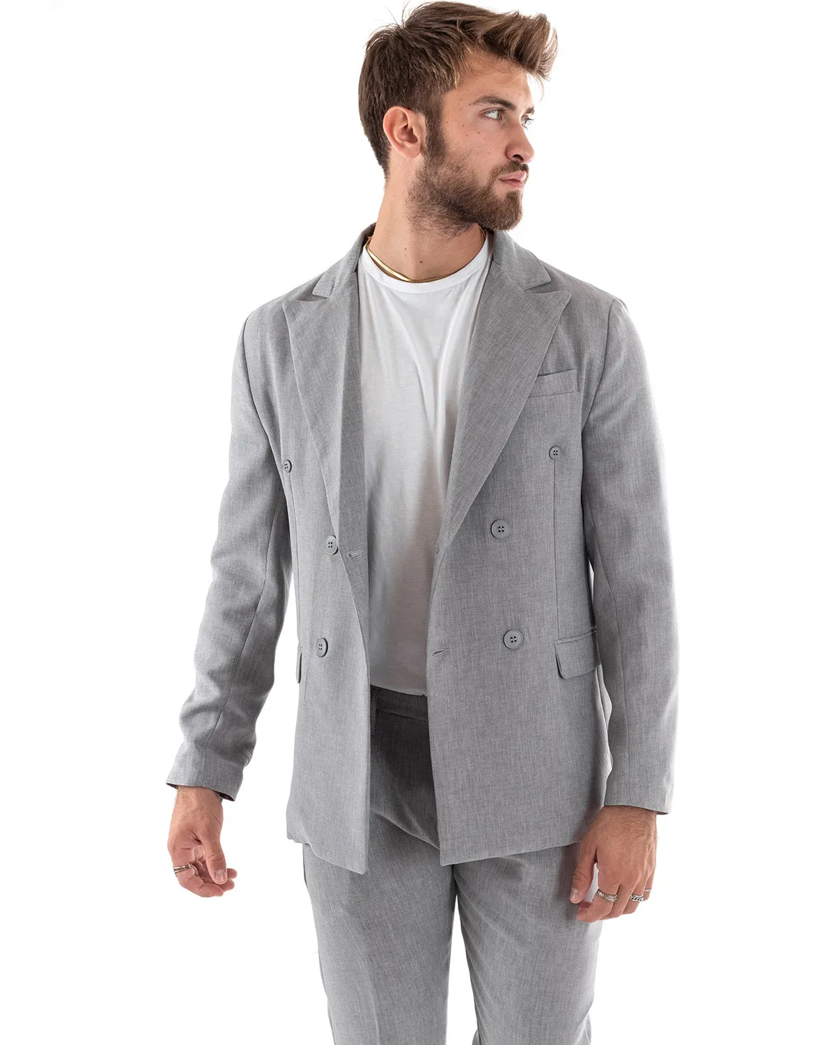 Abito Uomo Doppiopetto Vestito Viscosa Completo Giacca Pantaloni Grigio Melangiato Elegante Cerimonia GIOSAL-OU2197A