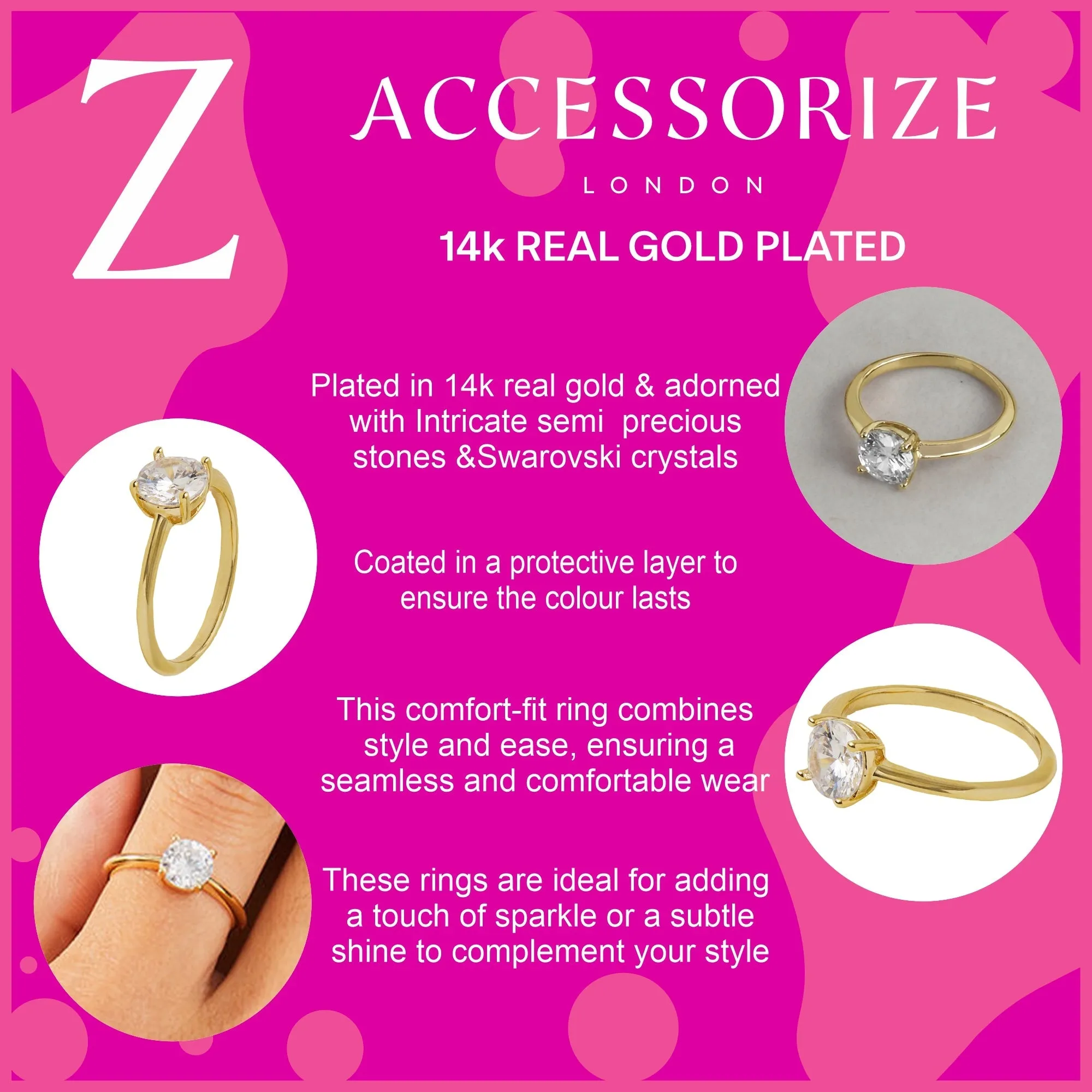 Accessorize London Women's Z Real Gold-Plated Cubic Zirconia Solitaire Ring-Small