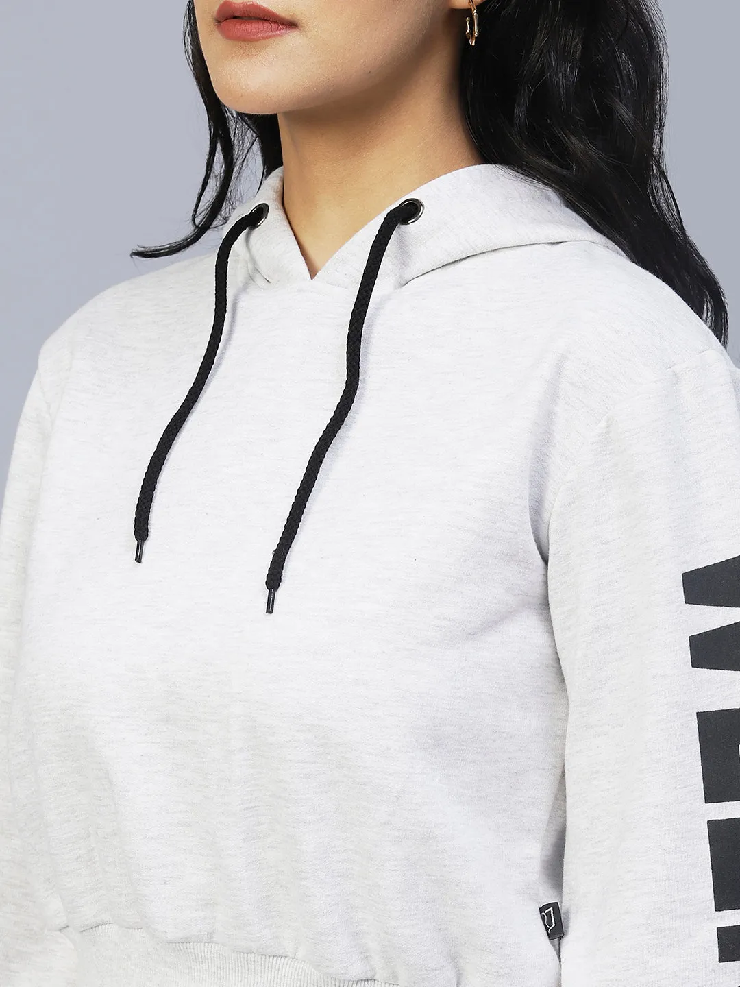 Acro Melange Hooded Printed Sleeves Fleece Sweatshirt