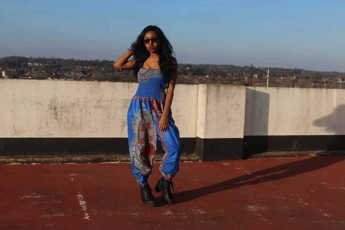 African Jumpsuit in Blue Dashiki Print