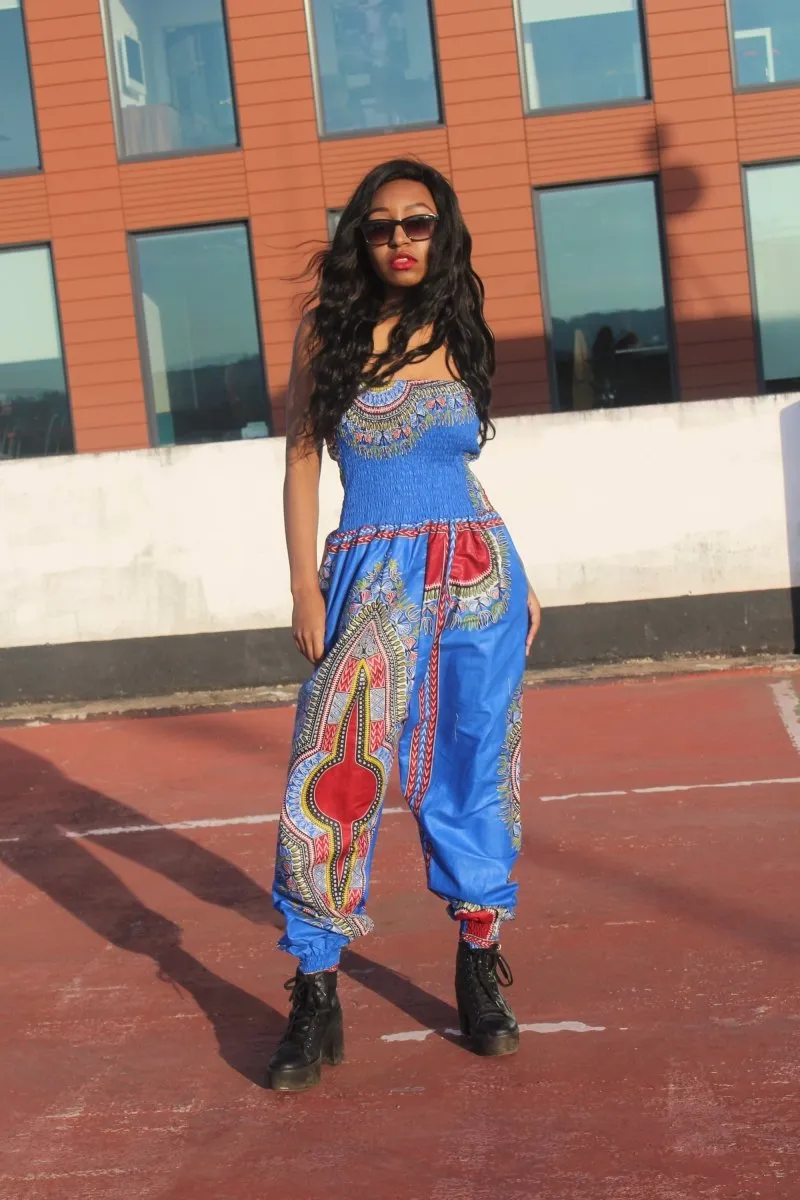 African Jumpsuit in Blue Dashiki Print