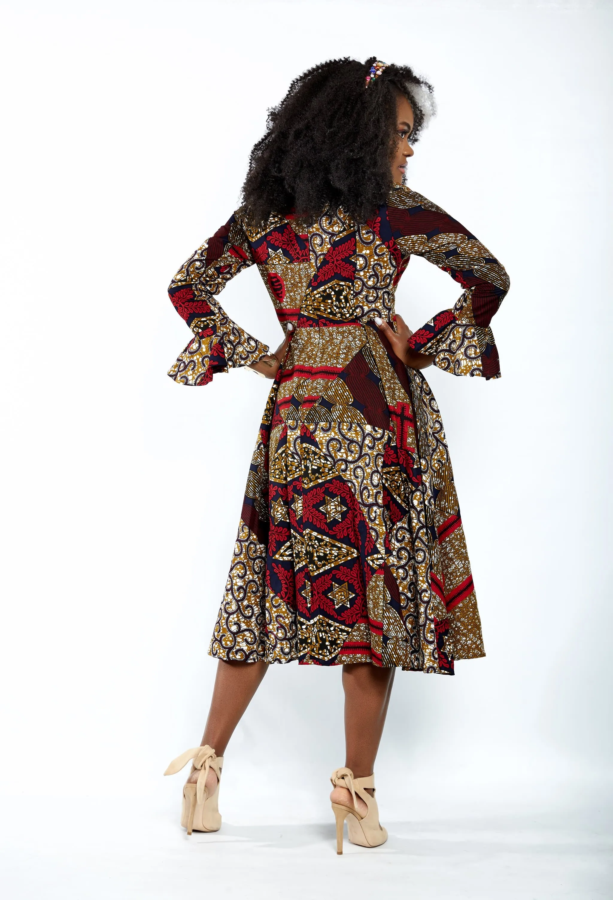 Aisha African Print Flare Midi Dress in Long sleeves