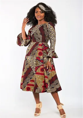 Aisha African Print Flare Midi Dress in Long sleeves