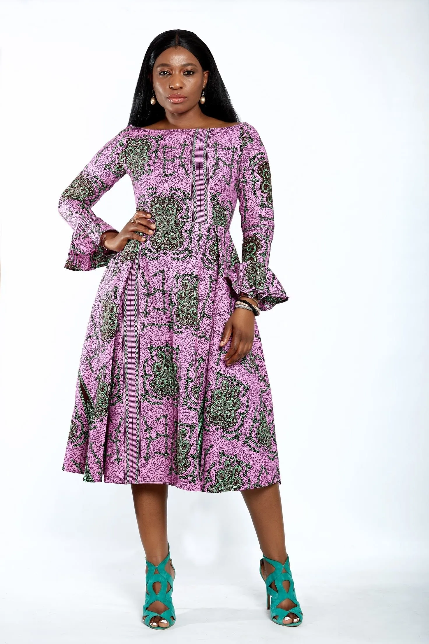 Aisha African Print Flare Midi Dress in Long sleeves