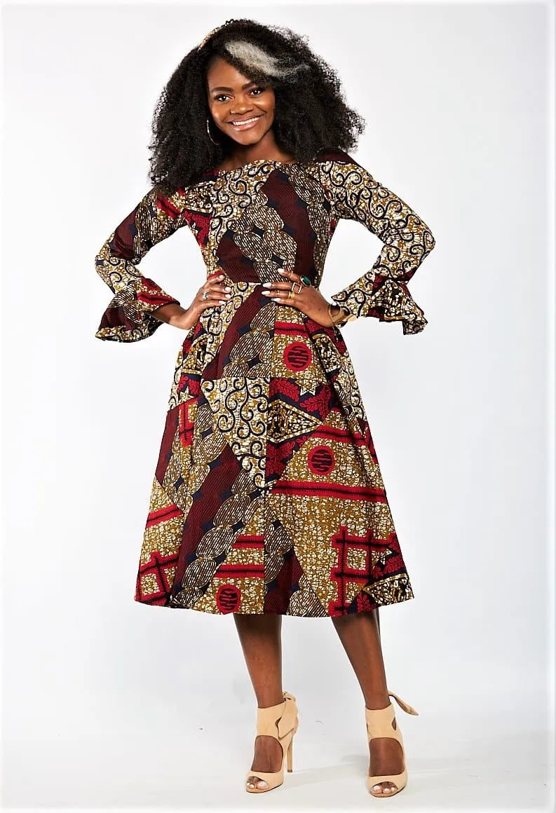 Aisha African Print Flare Midi Dress in Long sleeves