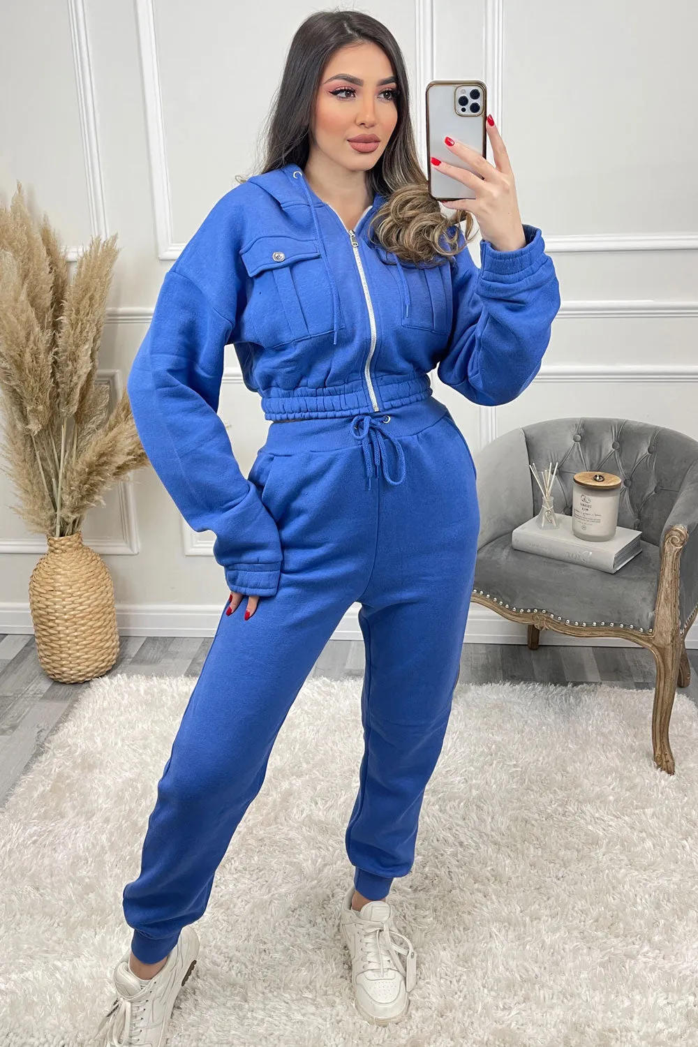 Annabell Royal Blue Pocket Cropped Hoodie and Joggers Tracksuit Set