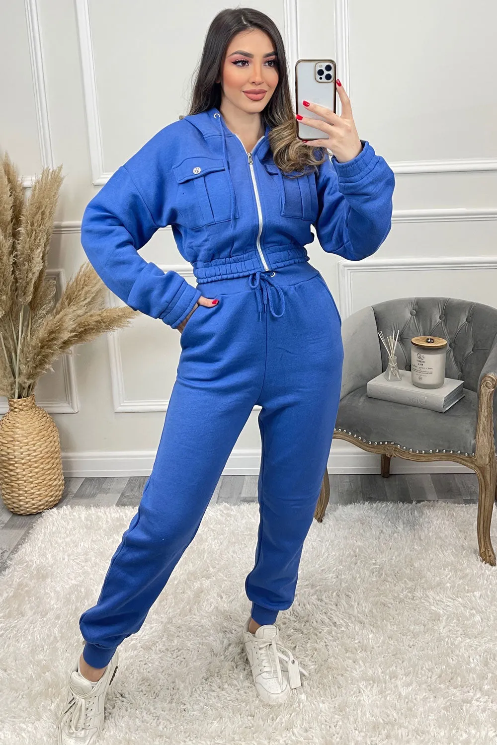 Annabell Royal Blue Pocket Cropped Hoodie and Joggers Tracksuit Set