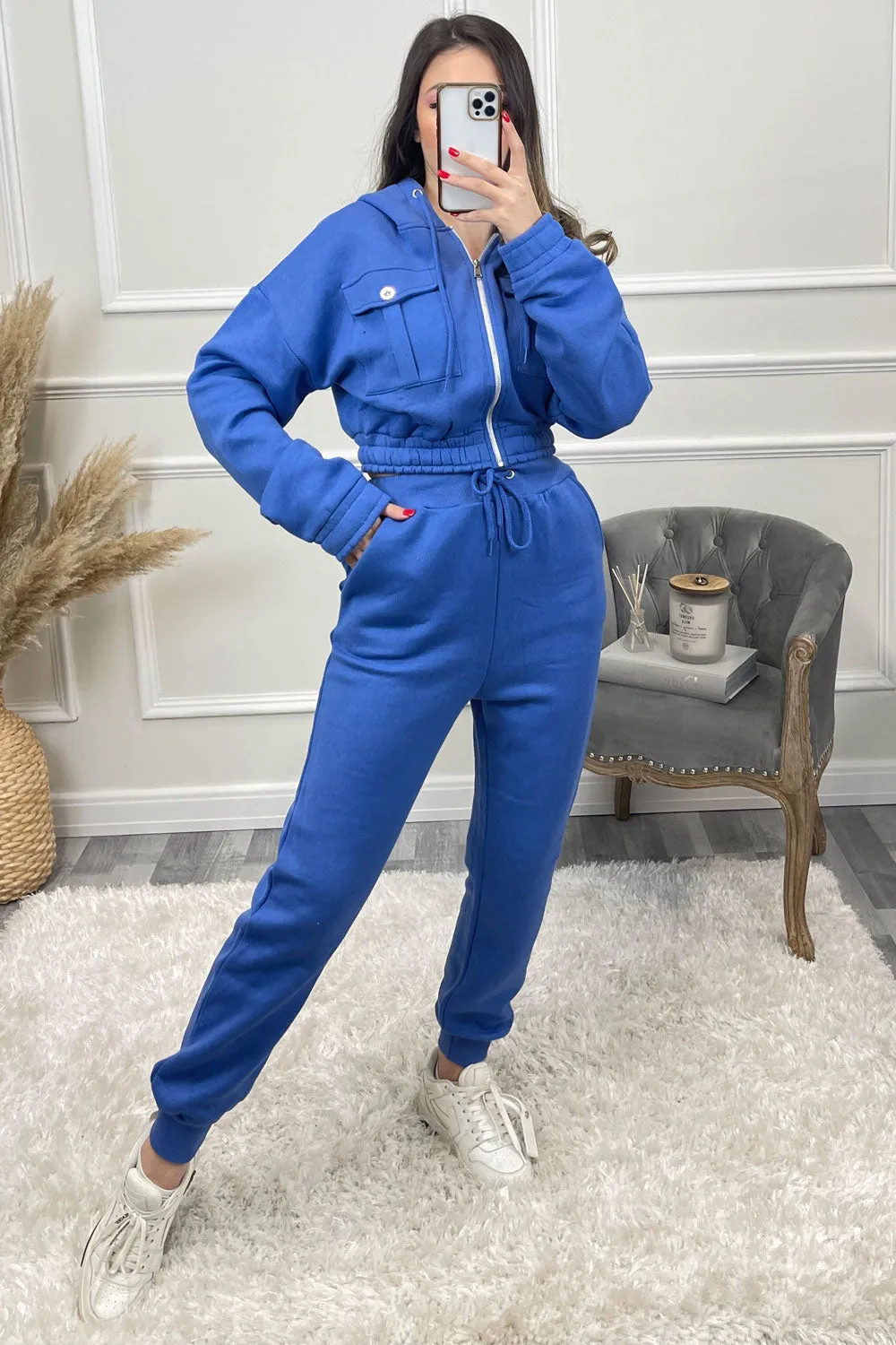 Annabell Royal Blue Pocket Cropped Hoodie and Joggers Tracksuit Set