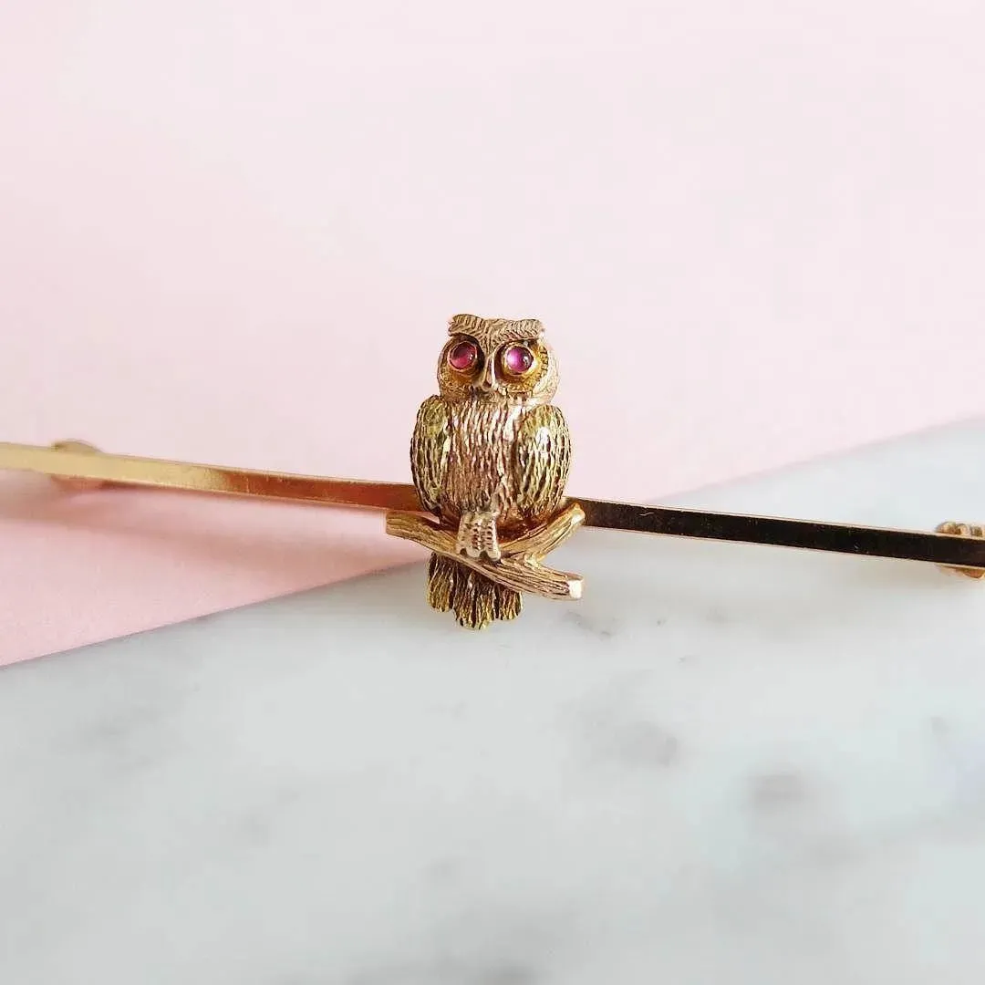 Antique Victorian 9ct Rose Gold & Pink Tourmaline Owl Brooch