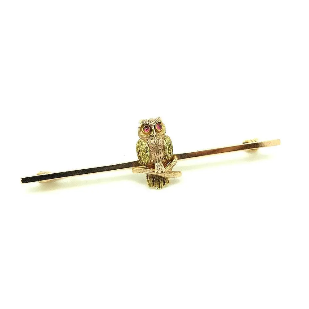 Antique Victorian 9ct Rose Gold & Pink Tourmaline Owl Brooch