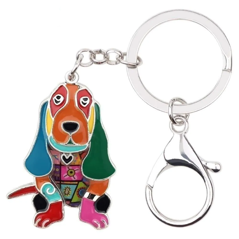 Basset Hound Dog Metal Enamel Key Chains Keyrings Jewelry for Women