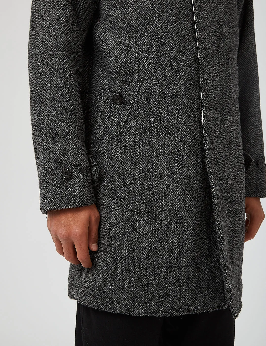 Beams Plus Balmacaan Collar Harris Tweed Coat - Grey Herringbone