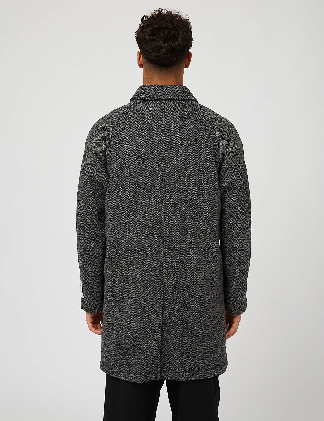 Beams Plus Balmacaan Collar Harris Tweed Coat - Grey Herringbone