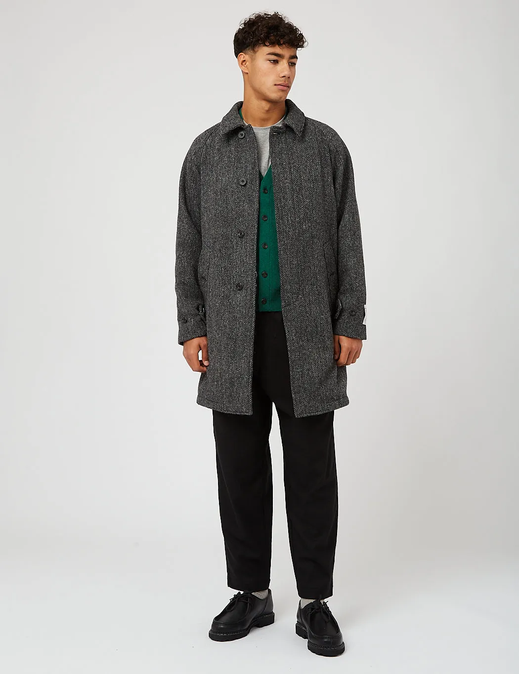 Beams Plus Balmacaan Collar Harris Tweed Coat - Grey Herringbone