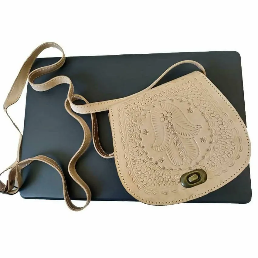 Beige Leather Cross Body Bag with Hamsa Engraving