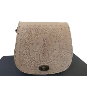 Beige Leather Cross Body Bag with Hamsa Engraving