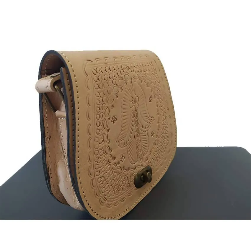 Beige Leather Cross Body Bag with Hamsa Engraving