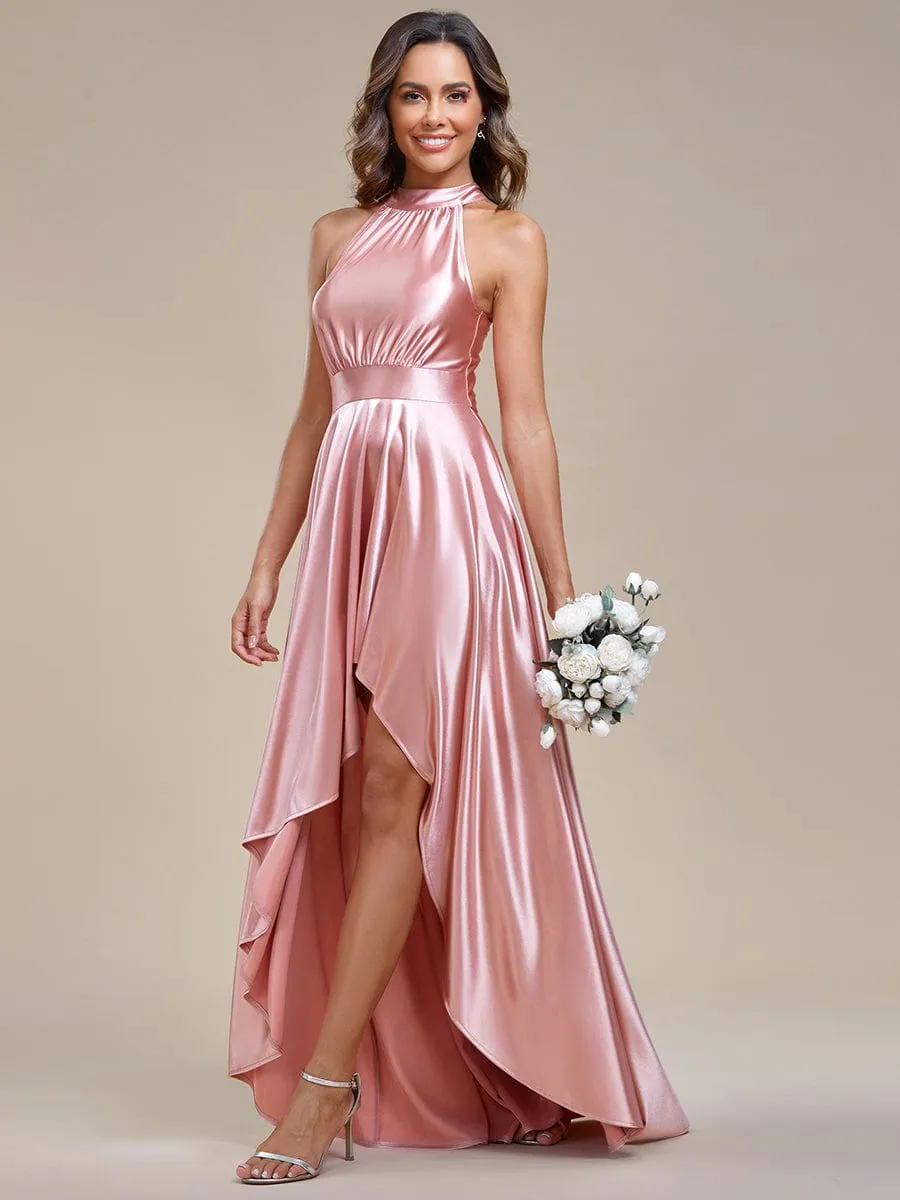 Belly Collar High-Low A-Line Satin Halter Bridesmaid Dress