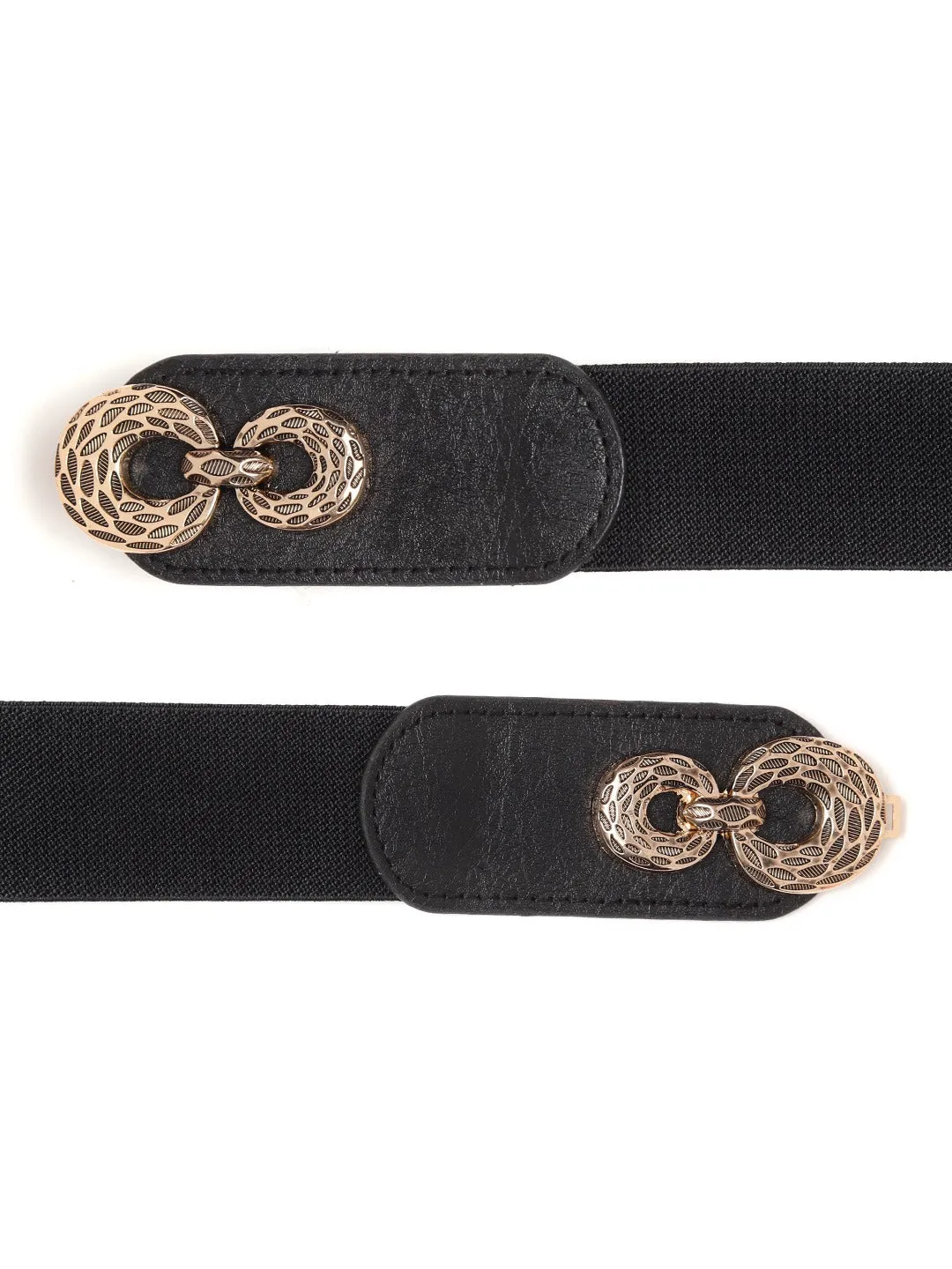 Berrylush Women Black Elastic Strap Golden Double Buckle Belt