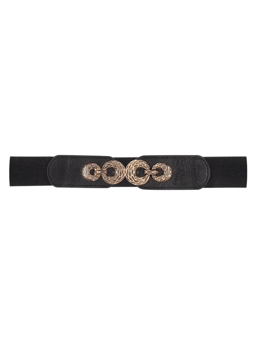 Berrylush Women Black Elastic Strap Golden Double Buckle Belt