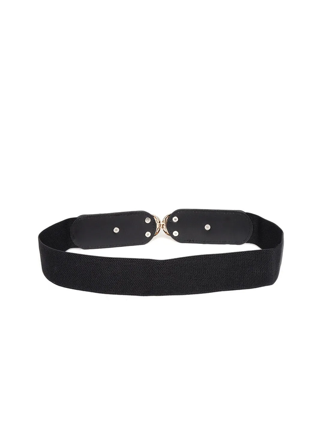 Berrylush Women Black Elastic Strap Golden Double Buckle Belt